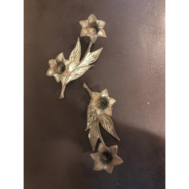 Mid 20th Century Antique Verdigris Bronze Flower Candle Holders - a Pair For Sale - Image 5 of 8