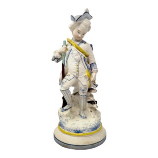 Antique Continental Porcelain Hunter Figurine - Boy With Musket & Dog For Sale