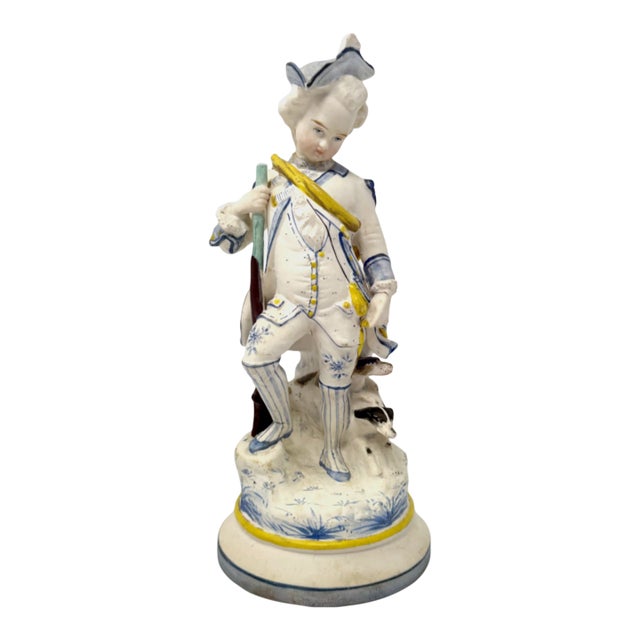 Antique Continental Porcelain Hunter Figurine - Boy With Musket & Dog For Sale