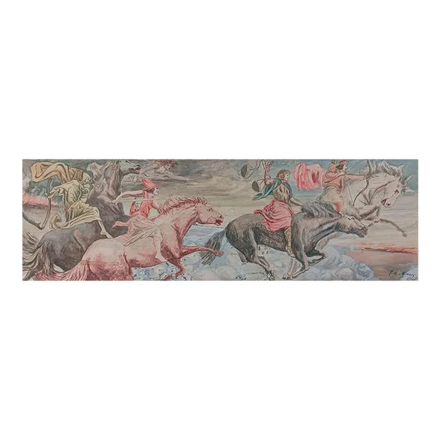 Antique Distressed Four Horsemen Watercolor Painting For Sale