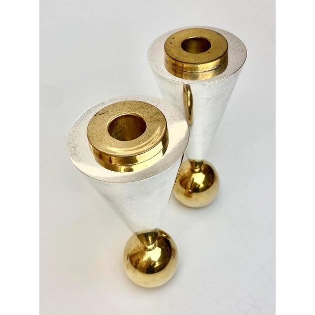Geometric Postmodern Sterling Silver and Brass Plated Candle Holders - a Pair For Sale - Image 4 of 11