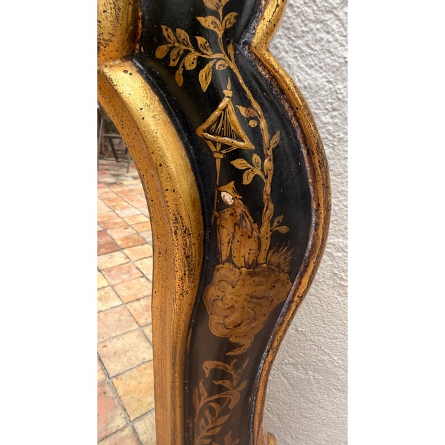 Glass Vintage Italian Venetian Style Black & Gilt Chinoiserie Wall Mirror For Sale - Image 7 of 9