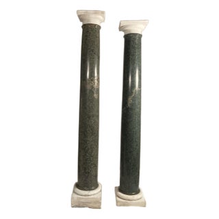 Antique Pair Classical Doric Style Marble Columns Verdis With White Marble Bases & Capitals For Sale