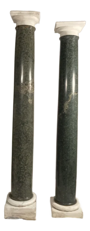 Antique Pair Classical Doric Style Marble Columns Verdis With White Marble Bases & Capitals