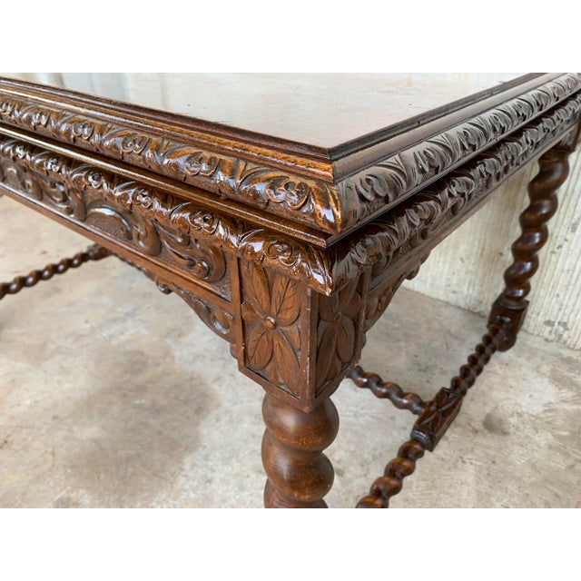 Wood 19th Spanish Baroque Walnut Solomonic Legs Extendable Table With Carved Frame For Sale - Image 7 of 13