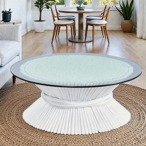 Contemporary McGuire Coastal White Rattan Wheat Sheaf Coffee Table With Round Glass For Sale - Image 3 of 13