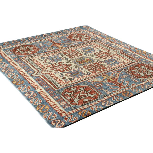Rug & Kilim Rug & Kilim’s Caucasian Style Square Rug in Blue With Geometric Medallions For Sale - Image 4 of 8