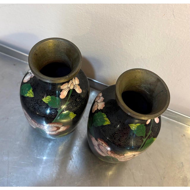 Art Deco Black/Pink Floral Cloisonne' Vases Set of Two For Sale - Image 3 of 4