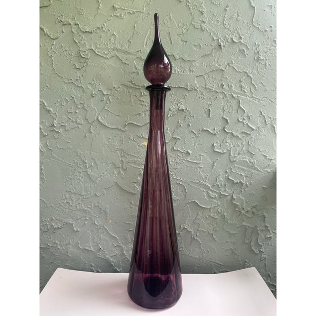 Empoli 1960s Italian Empoli Amethyst Glass Genie Bottle Decanter With Original Stopper – 26.75” Tall For Sale - Image 4 of 11
