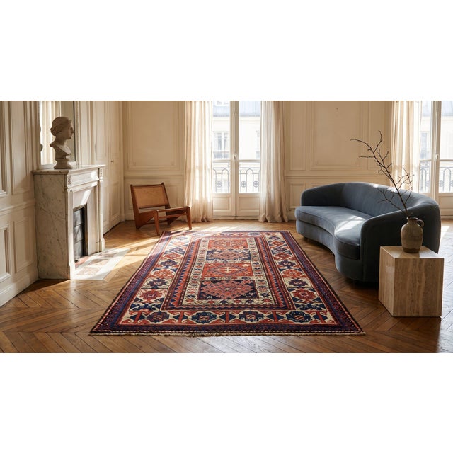 1880s Ivory Red Diamond Tribal Hand Knotted Antique Caucasian Kazak Rug 3'8" X 6'9" Wool Carpet For Sale In New York - Image 6 of 8