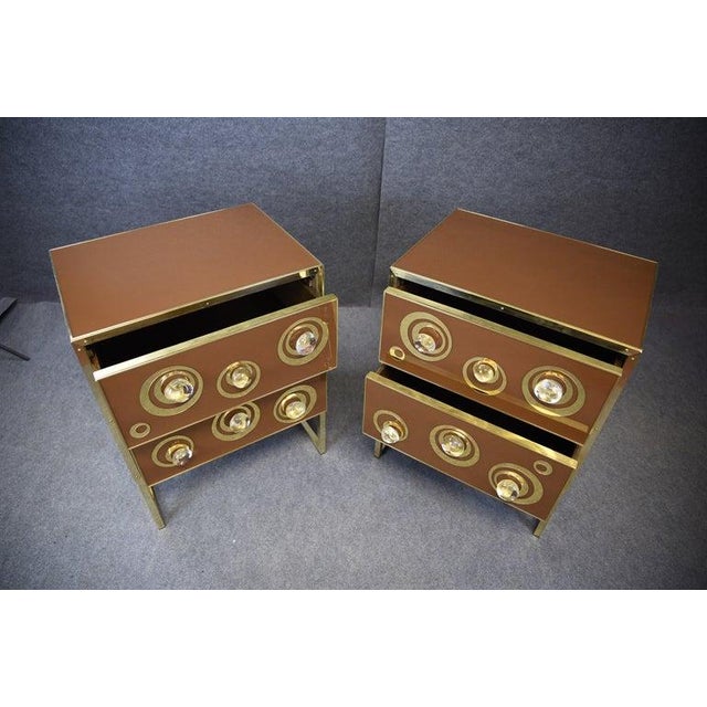 Pair of Luxurious Brown Bedside Tables With Glass & Brass For Sale - Image 11 of 12