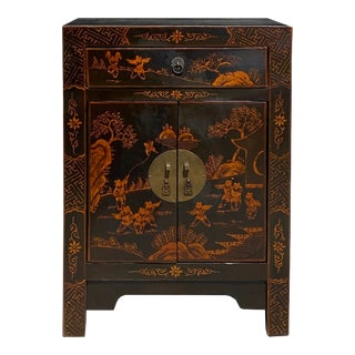 Chinese Distressed Black Copper Scenery Graphic End Table Nightstand For Sale
