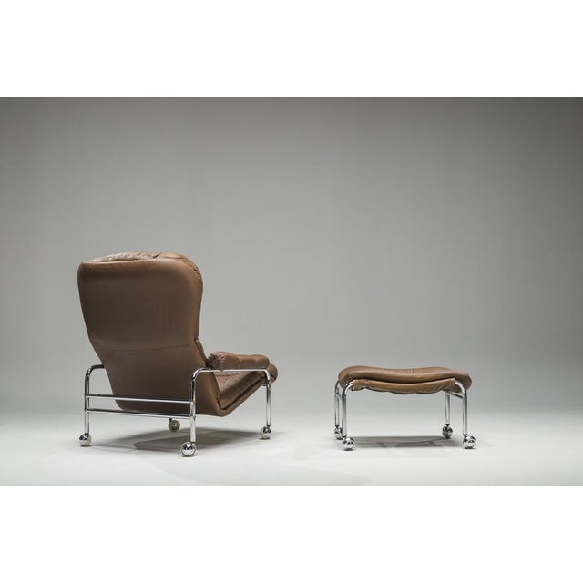 Set of Swedish Lounge Chair and Ottoman in Chrome and Brown Leather by Scapa Rydaholm, 1960s For Sale - Image 14 of 18