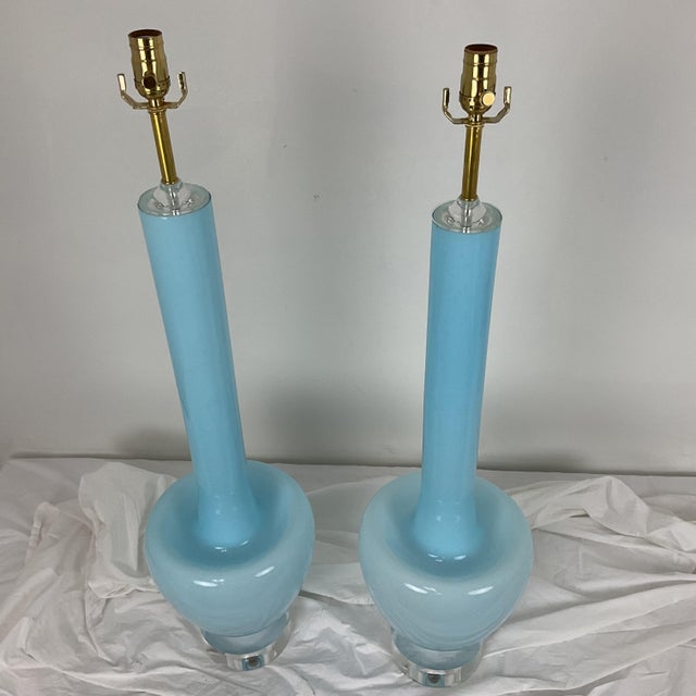 Baby Blue Rare Vinatge Blue Murano Glass Lamp Pair For Sale - Image 8 of 10