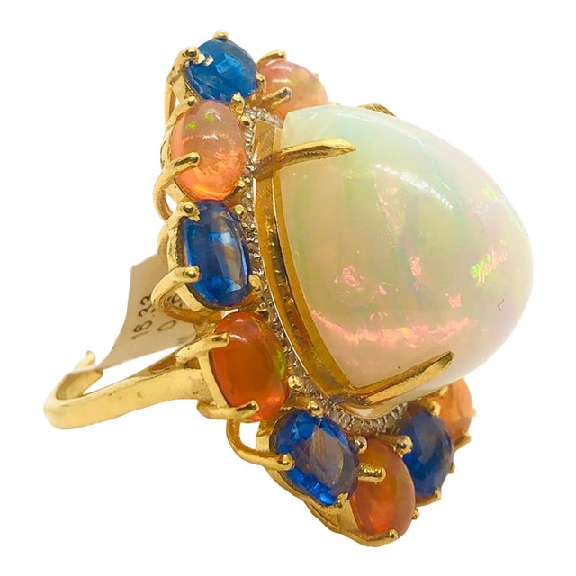 Bochic “Capri” Vintage Fire Opal, Kyanite & Diamond Cocktail Ring - 18K Gold & S For Sale