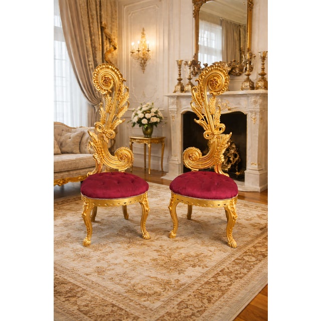 Introduce bold Italian elegance into your interior with this striking pair of Rococo Revival side chairs, crafted in the...