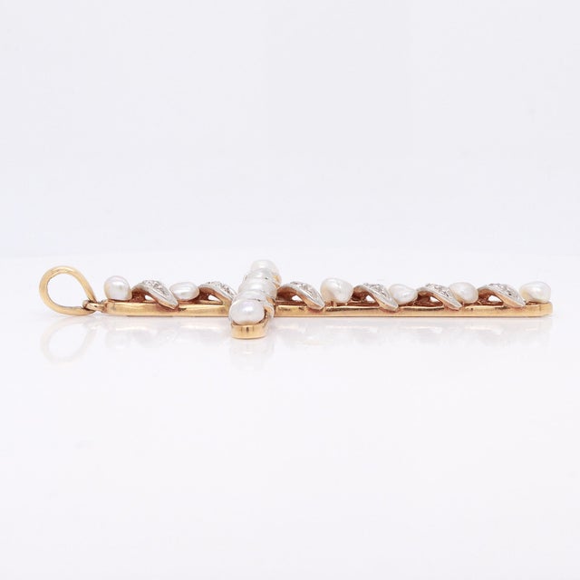 Antique Edwardian 14k Gold, Diamond, & Baroque Pearl Cross Necklace Pendant For Sale - Image 9 of 12
