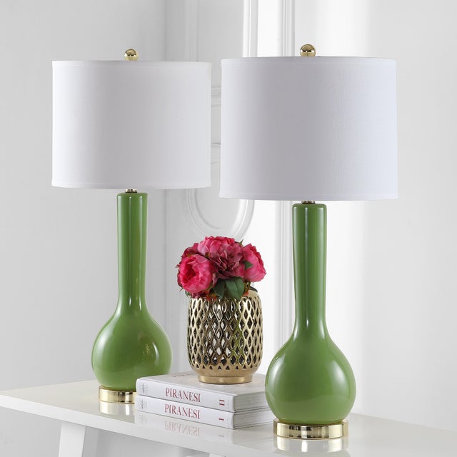 30.5 Inch H Long Neck Ceramic Table Lamp in Green - a Pair For Sale In Philadelphia - Image 6 of 8
