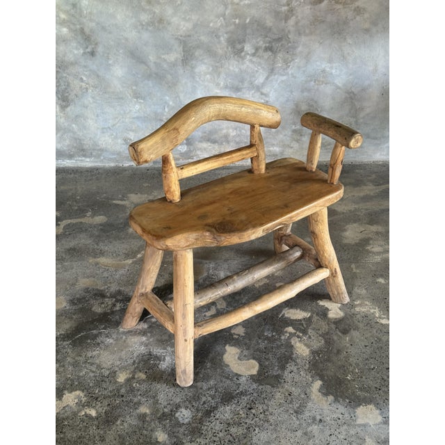 Small Vintage Bench with Backrest and Armrest in Light Asian Teak, 1990s For Sale - Image 6 of 10