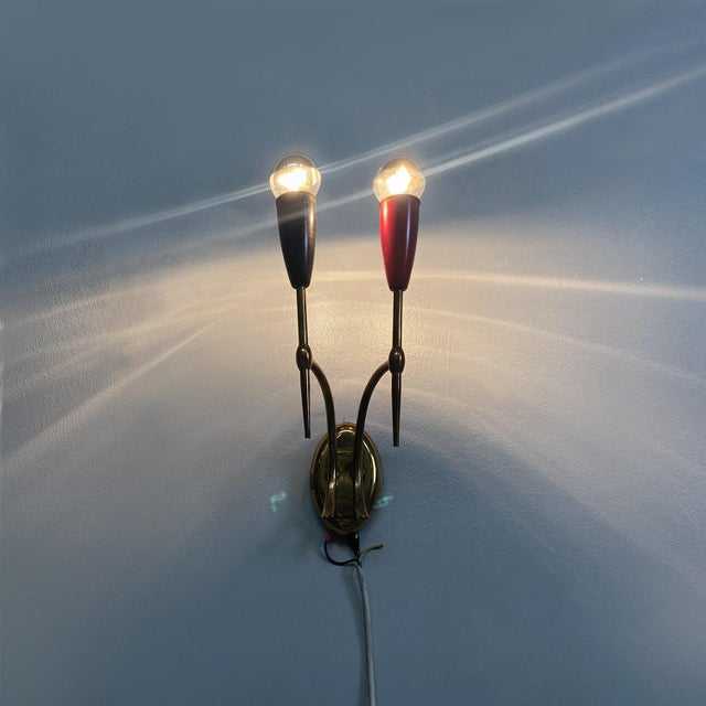 Metal Mid-Century Modern Italian Two-Arm Brass Wall Lamps with Cone Lamp Holder, 1950s, Set of 3 For Sale - Image 7 of 16