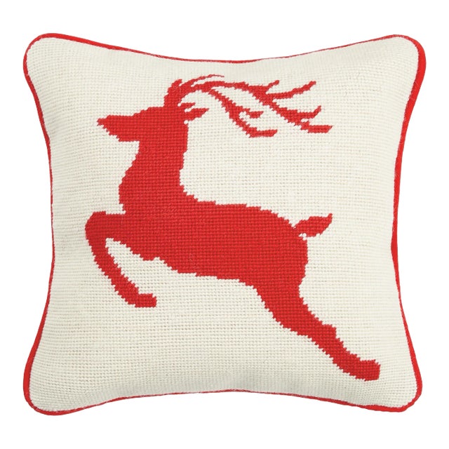 Reindeer Needlepoint Pillow 12" x 12" For Sale