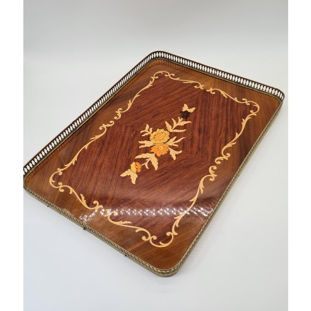 Wood Large Neoclassical Hollywood Regency Inlaid Wooden Tray with Brass Gallery, 1960s-1970s For Sale - Image 7 of 12