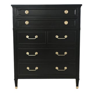French Louis XVI Style Black Lacquered Highboy With Brass Hardware | Newly Refinished For Sale