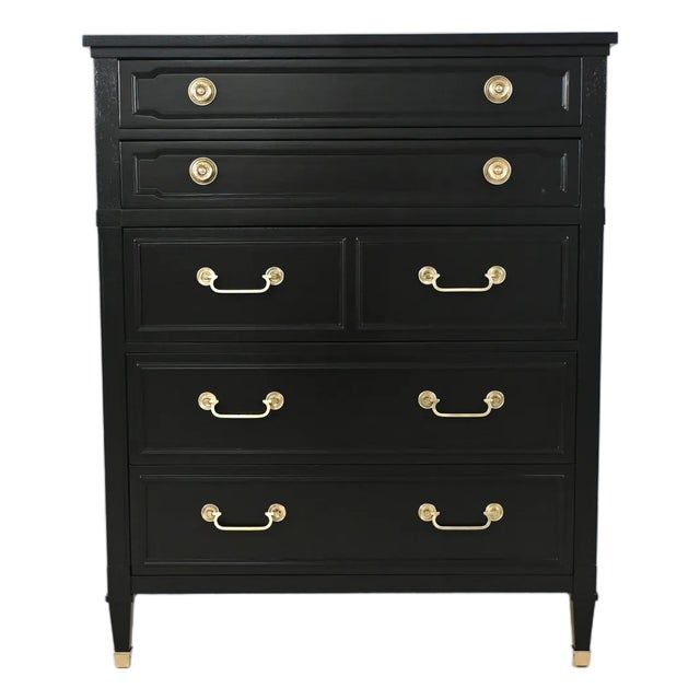French Louis XVI Style Black Lacquered Highboy With Brass Hardware | Newly Refinished For Sale