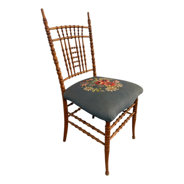 Antique Napoleon III Faux-Bamboo Turned Spindle Side Chair With Floral Needlepoint Seat For Sale