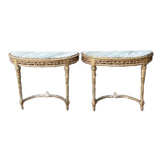 Vintage French Giltwood Marble Top Demilune Console Tables - A Pair For Sale