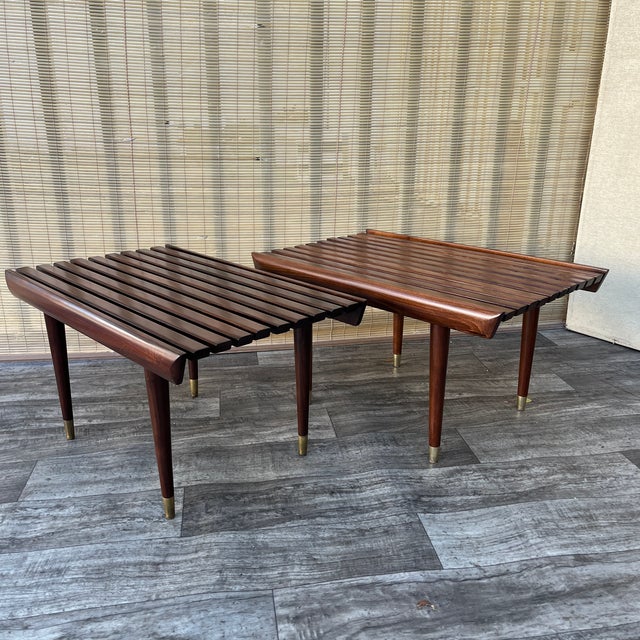 A Pair of Newly Restored Mid Century Modern George Nelson Style Wood Slat Benches / Side Tables. For Sale - Image 9 of 18