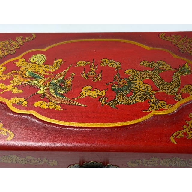 Chinese Oriental Red Dragon Phoenix Mirror Rectangular Jewelry Box For Sale - Image 10 of 10
