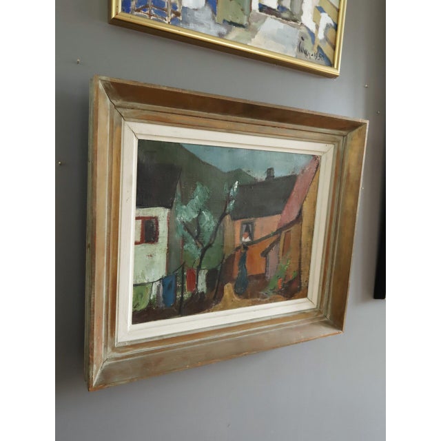 Mid-Century Modern 'Village Courtyard' Vintage Original Landscape Oil Painting, Framed For Sale - Image 4 of 14