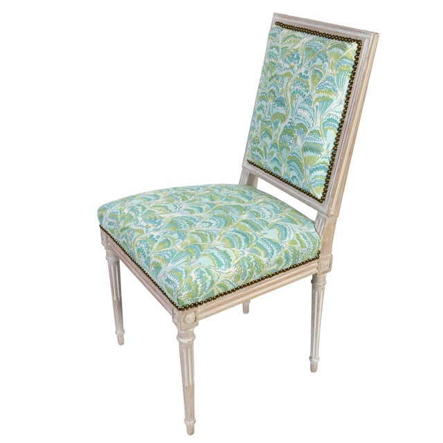 A vintage Jansen style painted square back Louis XVI style side chair with nail head trim newly upholstered in Meg Braff...