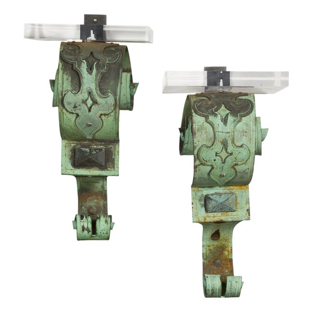 19th Century English Bronze Verdigris Wall Brackets with Lucite Tops, a Pair For Sale