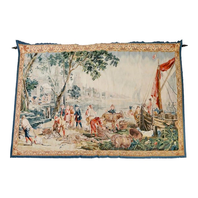 Large Vintage French Hand-Woven Colorful Tapestry For Sale