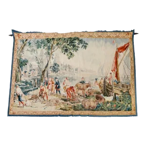 Large Vintage French Hand-Woven Colorful Tapestry