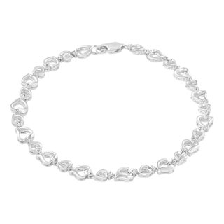 .925 Sterling Silver Prong Set Diamond Accent Alternating Heart Link Bracelet - 7.25" Inches For Sale