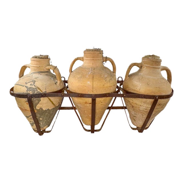 Early 20th Century 3 Spanish Oil Jars on Metal Rack For Sale