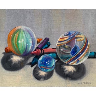 Light Diversions 3 by Wendy Carney | Oil on Linen Panel Still life of marbles and crayons For Sale