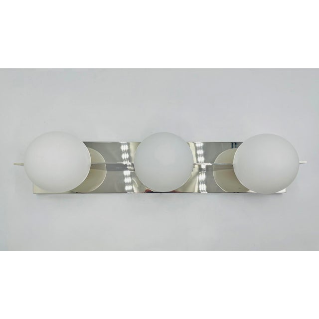 Modern Chrome 3-Globe Wall Sconce or Vanity Light, Frosted Glass Shades For Sale - Image 9 of 15