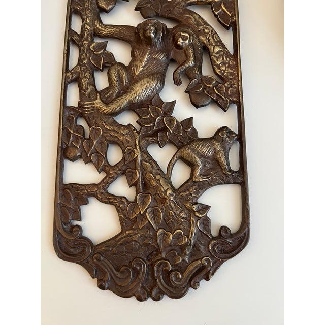 Mid 20th Century Asian Brass Metal Climbing Monkey Wall-Hanging Plaque For Sale - Image 4 of 9