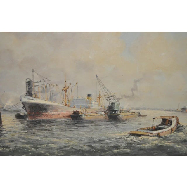 Jan Schaeffer "Ships in Port" Original Oil Painting C.1930s For Sale In San Francisco - Image 6 of 9