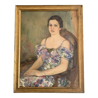 1930s Large Sage + Violet Portrait of a Woman in Gilt Frame- 29 X 37” For Sale