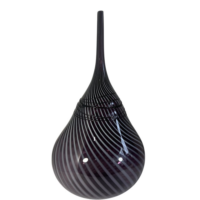Murano 24 + In. Murano Style Purple White Applied Black Swirl Bulbous Art Glass Vase Set of 2 For Sale - Image 4 of 14