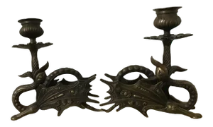 Jules Moigniez Style Bronze Griffin Dragon Sculpture Candle Holders - a Pair