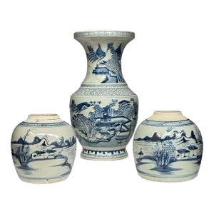 Early 20th Century Chinese Blue and White Porcelain Vases- Set of 3
