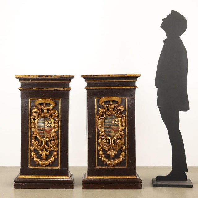 Pair of baroque columns, on the front they are decorated with a large carved coat of arms, partially gilded and lacquered....