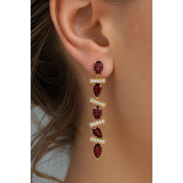 Metal Modern Geometric Garnet Drop Earrings, Silver, Gold, Pair For Sale - Image 7 of 10