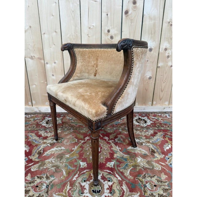 Louis XVI Style Barrel-Shaped Wood, Velvet, Brass Desk Chair with Ram's Heads, 1890s For Sale - Image 5 of 8